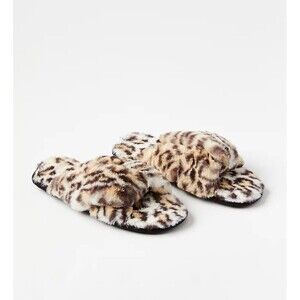 LOFT Open Toe Twist Slippers Faux Fur Animal Print Cairo Brown size Large NWT